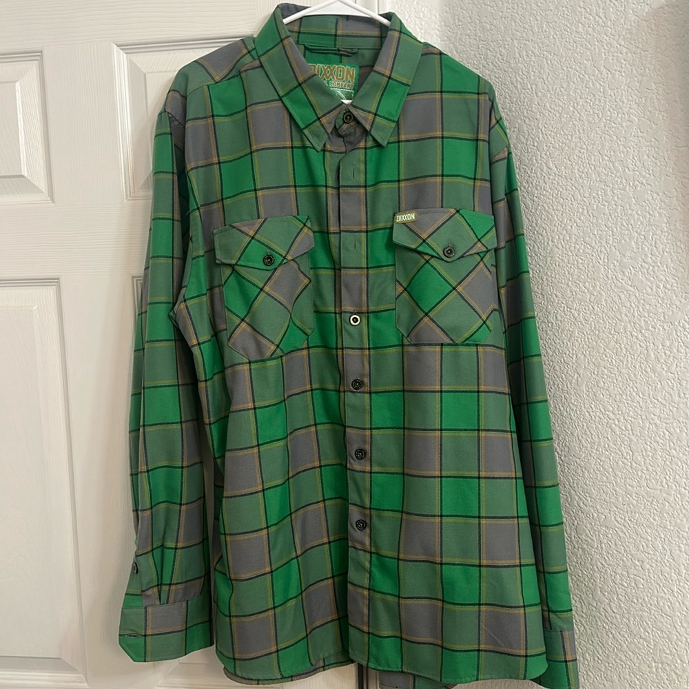DIXXON Green and Gray Plaid Casual Button Down Shirt